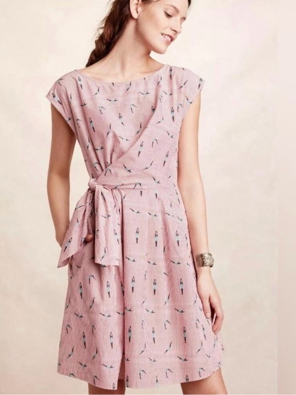 Maeve Anthropologie Bathing Beauty Dress Pink Wrap Tie Waist Small